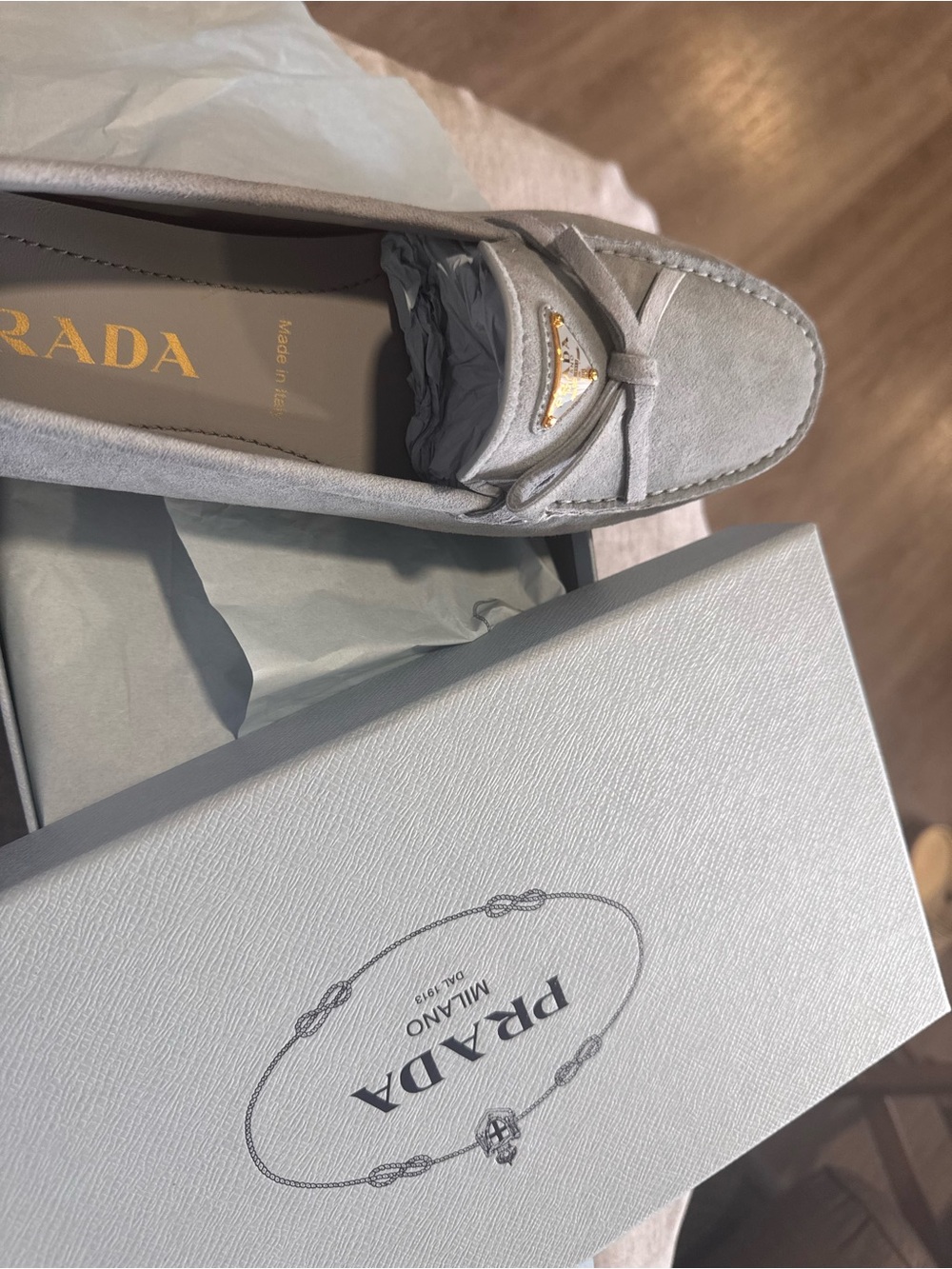 Prada Light Gray Suede women Penny Loafers with Gold Logo